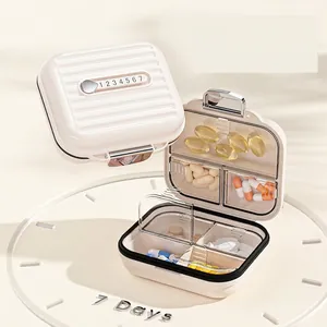 Portable 7-day pill organizer with slide time tracker and ivory white textured case