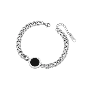 Silver stainless steel Cuban chain bracelet with Roman numeral pendant and black center