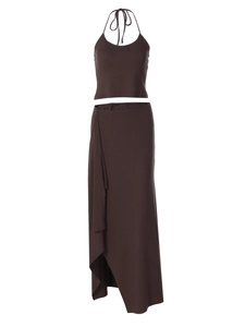 Deep brown two-piece set featuring a halter crop top and side slit maxi skirt on white background