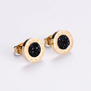Round Stud Earrings 316L Stainless Steel Black Rhinestone Roman Numeral 18K Gold Plated Fashion Jewelry Women