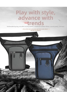 Outdoor waterproof drop leg bag in grey and blue with multiple zipper pockets