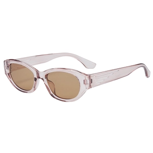 Retro small oval cat-eye sunglasses with pink transparent frame and wing temple decor