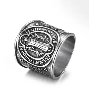 St Benedict Medal Exorcism Ring Stainless Steel Retro Religious Latin Inscription Embossed Wide Band Ring For Men Women