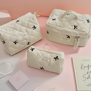 Quilted Cotton Cosmetic Bag Embroidered Bow Makeup Organizer Large Capacity Portable Travel Pouch Cream Ribbon Zipper