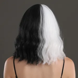 Split black and white wavy Cruella cosplay wig with natural curls shown from back view