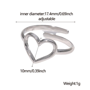 Size diagram of adjustable silver heart ring showing 17.4mm inner diameter and 10mm height