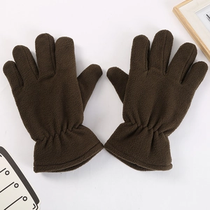 Detail view of coffee fleece gloves with elastic wrists for windproof thermal protection