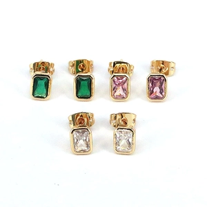 Detail of emerald cut zircon earrings set in green, pink and white with gold plating