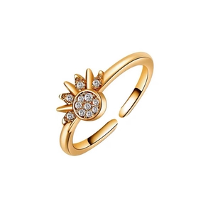 Detailed close-up of adjustable sun-shaped ring featuring gold plating and white zircons