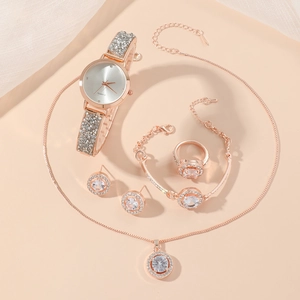 Elegant 5-piece rose gold watch and jewelry set with sparkling rhinestones for women
