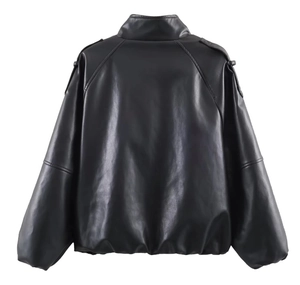 Detailed view of black faux leather jacket texture and high stand collar design
