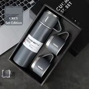 500ml dark grey vacuum flask set in premium gift box with two handle cups for business