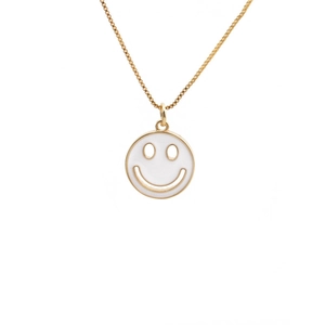 Minimalist gold necklace with white round happy smile face pendant on white background