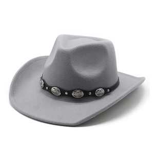 Detail of grey wool fedora featuring black leather band with silver concho metal studs