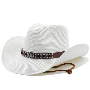 White woven straw cowboy hat with brown studded leather band and adjustable chin strap