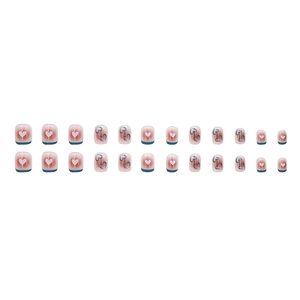 Short square press-on nails with pink gradient, teal French tips, and heart patterns