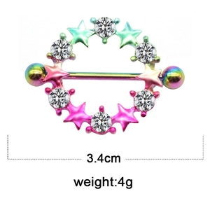 Rainbow stainless steel nipple ring with star design and sparkling zircon inlays