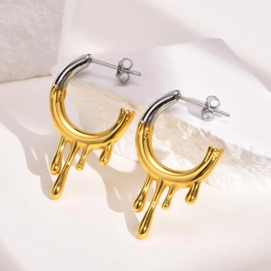 Irregular liquid water drop C-shaped titanium steel earrings in two-tone gold and silver