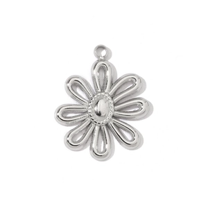 Detailed close-up of a silver floral steel pendant with an eight-petal flower design
