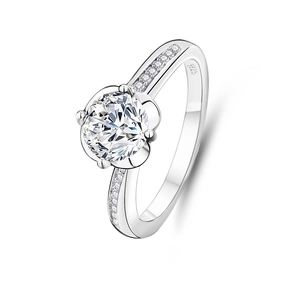 Classic S925 sterling silver four-prong moissanite engagement ring on white background