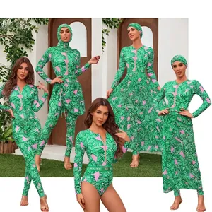 Women Long Sleeve Rashguard Swimsuit Tropical Print Zipper Front Sun Protection Modest Nylon Polyester Surfwear