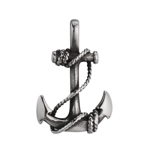 Vintage stainless steel anchor pendant with rope detail for men on white background