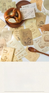 Close-up of vintage lifestyle scrapbooking stickers with bakery and coffee motifs