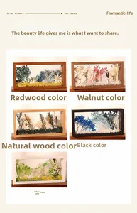 Vertical collage showing five color options of wooden shadow box frames with dried flowers