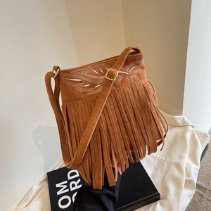 Women Bucket Bag Faux Suede Fringe Tassel Shoulder Messenger Bag Embroidery Bohemian Retro Fashion Solid Color Soft