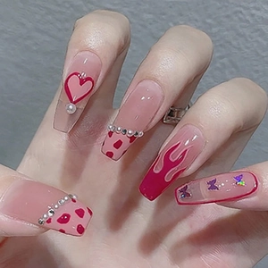 Long Coffin Press On Nails Heart Flame Pattern Leopard Print Rhinestone Artificial Pearl Decoration Glossy False Nails For Women