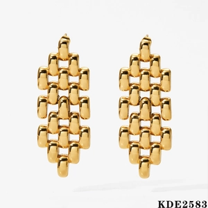 Polished gold stainless steel woven chain earrings with geometric drop design