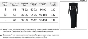 Detailed size chart for the off-shoulder mesh lace long sleeve bodycon maxi dress