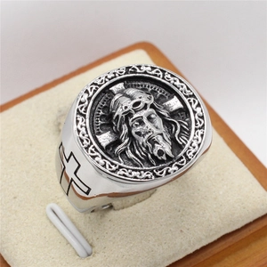 Mens Retro Jesus Christ Portrait Relief Ring Stainless Steel Religious Cross Embossed Vintage Jewelry
