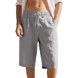 Men's breathable grey linen drawstring shorts with elastic waist and side pockets