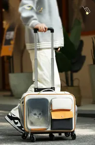 Détail des poches orange multifonctionnelles et des roues à 360 degrés sur le sac pour chat