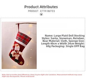 Large plaid Christmas stocking with snowman design, made of fabric and sponge, 40x24cm size