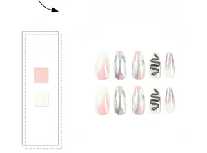 Detail of pink gradient press-on nails with silver flame chains and 3D snake design
