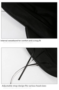 Detail of internal sweatband and adjustable drawstring on black beret hat interior
