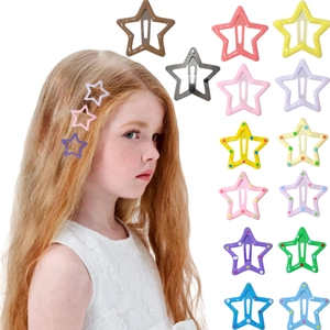 Close-up of star hair clips set showing colorful dot patterns and model wearing style