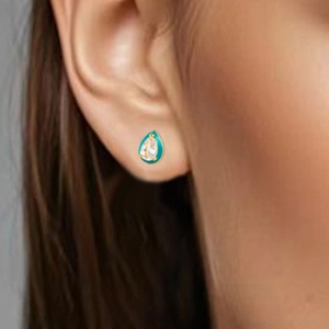 Elegant gold-tone S925 silver water drop earrings with green enamel and white zircon stone
