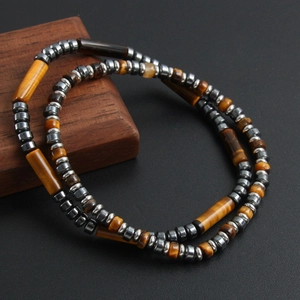 Retro tiger eye and hematite beaded bracelet with cylindrical stones for men