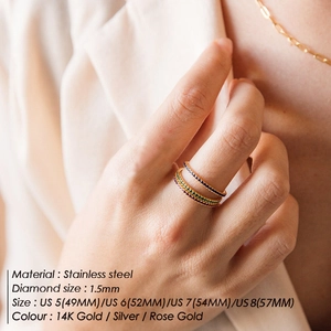 Detailed view of stacked stainless steel rings with colorful 1.5mm zircon stones