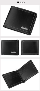 Detailed views of a black bi-fold wallet for men with white stitching and card slots