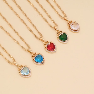 Gold crown heart necklaces with colorful rhinestones in blue red green and white
