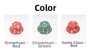 Detailed views of Christmas bucket hats with snowman and Santa prints in red and green
