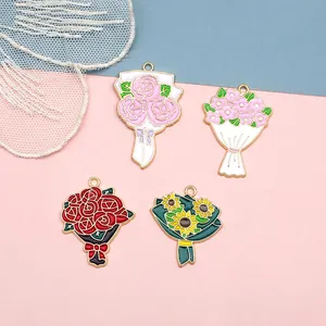 Flower Bouquet Enamel Alloy Charms For DIY Jewelry Making Necklace Keychain Accessories Sunflower Rose