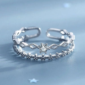 Double Layer Open Adjustable Ring Copper Zircon Lace Flower Geometric Rhombus Cutout Trendy Dainty Jewelry For Women