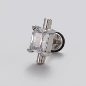 Men's stainless steel stud earring with rectangular zircon and screw back closure