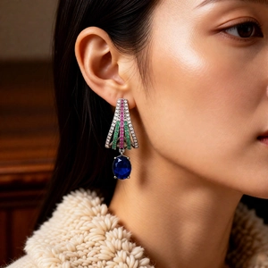 Detail of elegant silver drop earring with colorful stones and blue oval gemstone