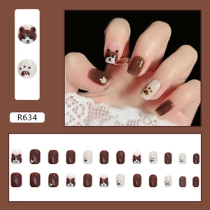 Cute chestnut brown bear press-on nails set with creamy white cartoon patterns